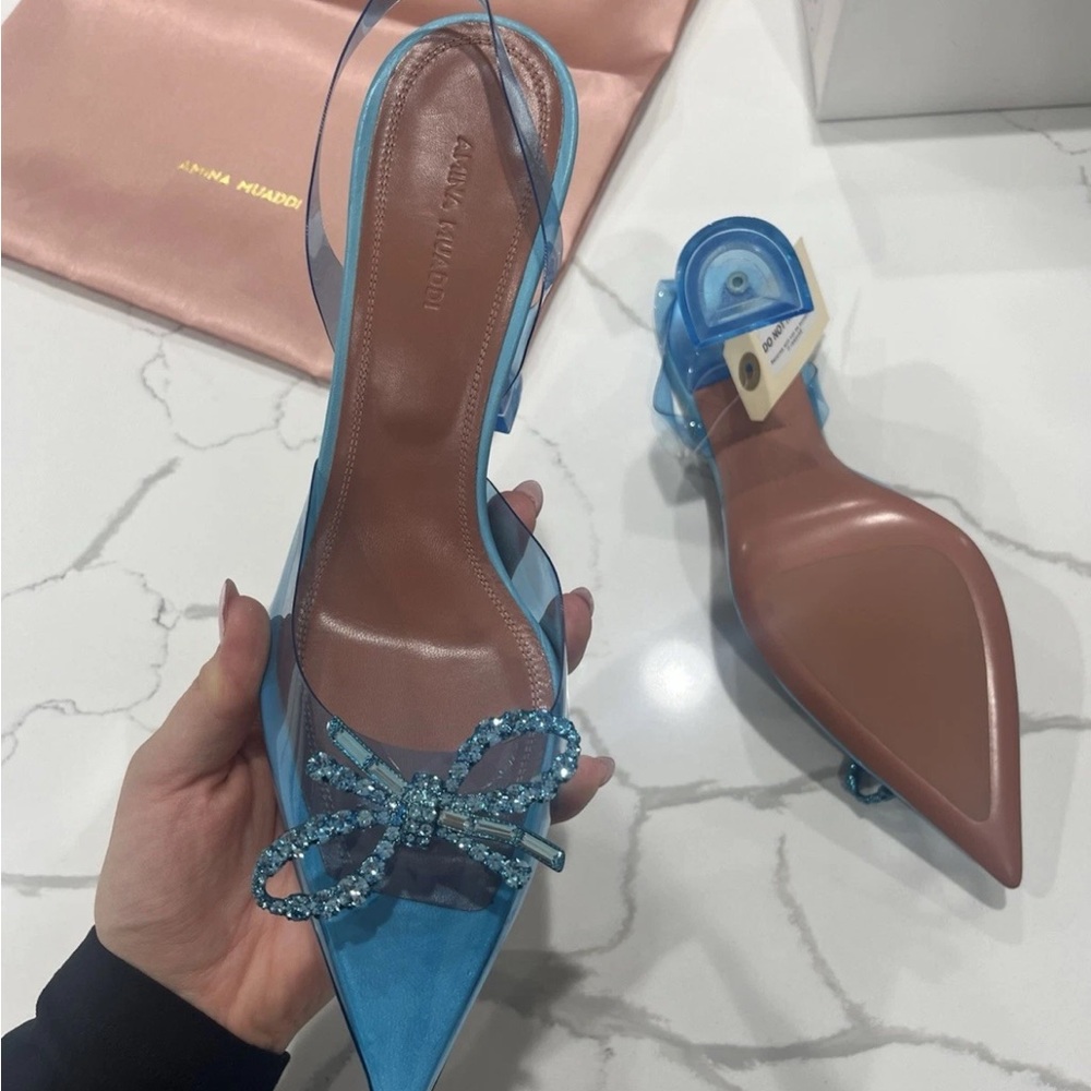 Amina Muaddi Teal Slingback Heels with Bow - Picture 6 of 9